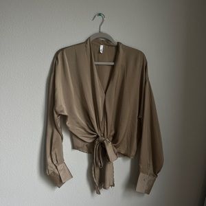 Glam Tie Front Silky Long Sleeve Blouse Top Large